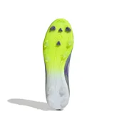 Championes de fútbol Adidas F50 League FG, diseñados para césped natural y artificial. Presentan una capellada de Fiberskin con diseño Sprintgrid en tonos violeta y verde neón, con suela Sprintplate 360 para mayor tracción y estabilidad.