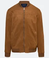 Chaqueta bomber azul marino lisa, con cierre frontal, cuello redondo y bolsillos laterales.