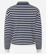 Sweater de punto de manga larga, con rayas horizontales en azul marino y blanco. Presenta cuello redondo ligeramente elevado y puños y ruedo en color blanco liso.