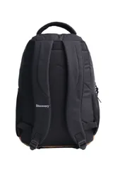 Mochila negra con base marrón, tiras regulables, porta botellas, bolsillos frontales y organizador interno.