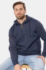 Canguro deportivo azul melange con capucha, medio cierre frontal con tirador de cuero sintético, cordones ajustables y bolsillo tipo canguro.
