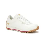 Sneakers Caterpillar modelo Trigen Ws para mujer, de color blanco con detalles dorados y fucsia, y suela dentada de goma marrón.