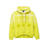 Canguro amarillo con capucha, cordones ajustables y bolsillo tipo canguro. Presenta un estampado de estrellas y cruces blancas.