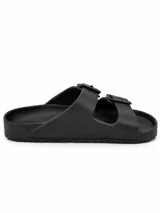 Sandalias de dos tiras negras con hebillas ajustables, plantilla anatómica y diseño ergonómico.