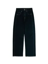 Jeans de tiro medio con corte barrel y ajuste relajado, diseño clásico de cinco bolsillos, cierre frontal de cremallera y botón metálico.