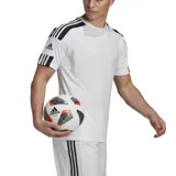 Remera deportiva Adidas Squadra 21 blanca con tres tiras negras en hombros y mangas. Confeccionada en poliéster reciclado con tecnología Aeroready.