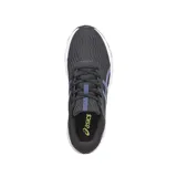 Championes de running Asics modelo Patriot 12, color negro con detalles en azul brillante y suela blanca. Presentan diseño de malla transpirable y el logo característico de la marca en los laterales.