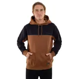 Canguro con capucha O'Neill, diseño color block en tonos marrón y negro, con bolsillo frontal tipo canguro y cordones ajustables en la capucha.