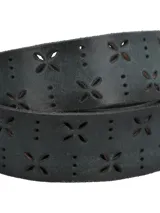 Cinturón de cuero gris RKF, modelo Fantini, con perforaciones decorativas, hebilla metálica de color plata envejecida y presilla con logo grabado.