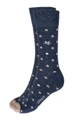 Medias Legacy de color azul melange con estampado de pequeños palos de picas en tonos beige y blanco, punteras en color beige y el nombre de la marca en el empeine.
