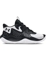 Championes de básquetbol Under Armour Jet 23, con diseño bicolor en blanco y negro. Presentan una parte superior de materiales mixtos para mayor durabilidad y transpirabilidad, entresuela Micro G® de longitud completa para amortiguación y suela de goma con patrón de tracción anatómico.