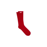 Medias altas rojas de tejido acanalado con el logo de la marca bordado en blanco en la parte superior.