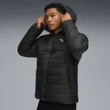 Campera acolchada Puma con capucha, color negro, con cierre frontal y logo de la marca estampado en el pecho.