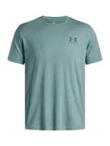 Remera de manga corta Under Armour, color verde azulado, con cuello redondo y logo de la marca estampado en el pecho.
