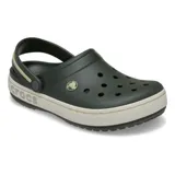 Zueco Crocs modelo Crocband Heritage, color negro con banda lateral en tono crema. Presenta correa de talón pivotante bicolor, diseño con textura pronunciada y detalles de costura, fabricado en espuma Croslite ligera.