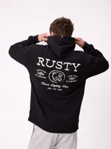 Canguro negro con capucha y estampado blanco en la espalda que incluye el logo de Rusty, texto y gráficos de peces.