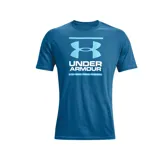 Remera Under Armour azul con logo y nombre de la marca estampados en el pecho.