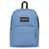Mochila Jansport Superbreak Plus color celeste con logo de la marca en el frente y bolsillo frontal con cierre.