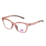 Armazón de anteojos MDQ modelo GT10, con marco de acetato translúcido en tono rosado y patillas con terminales en color gris.