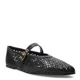 Balerina estilo Mary Jane de cuero negro con diseño calado en toda la superficie. Presenta una correa fina ajustable con hebilla metálica dorada y punta redondeada.