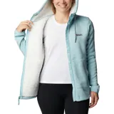 Campera Columbia con capucha, forrada en sherpa, con cierre frontal y bolsillos laterales.