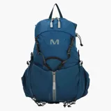 Mochila técnica Merrell modelo Grayling, diseñada para actividades al aire libre. Presenta un diseño ergonómico en color azul, con múltiples compartimentos con cierre, correas de ajuste laterales, cordones elásticos frontales para sujeción de equipo y logo de la marca estampado en la parte superior.