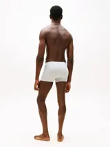 Pack de tres trunks de algodón gris con textura acanalada. Presentan una cintura elástica ancha en color blanco con el nombre y logo de la marca estampados en letras negras y el icónico detalle tricolor.