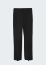 Pantalón de vestir de corte recto y tejido fluido, con cierre oculto de cremallera y botones, trabillas para cinturón y aberturas en el bajo.