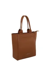 Cartera tipo tote de cuero sintético color suela, con manijas fijas reforzadas y cierre metálico superior.