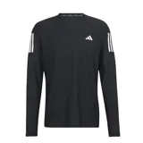 Remera deportiva Adidas de manga larga, diseñada para running. Presenta un diseño en color negro con las icónicas tres bandas blancas en los hombros y el logo de la marca en el pecho. Cuenta con tecnología AEROREADY para la absorción de humedad.
