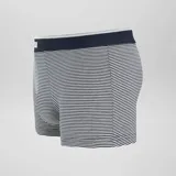 Pack de tres boxers de algodón elástico con cintura elástica con logo. Incluye un boxer azul marino con estampado geométrico, un boxer azul marino con rayas horizontales blancas y un boxer blanco con rayas horizontales azul marino.