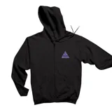 Campera con cierre frontal y capucha, color negro, con estampado gráfico pequeño en el pecho que incluye un triángulo con una luna y letras, y estampado grande en la espalda con diseño de murciélago.