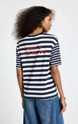 Remera de manga corta con diseño a rayas horizontales en azul marino y blanco, confeccionada en algodón. Presenta un pequeño bordado de hongos en el pecho y cuello redondo.