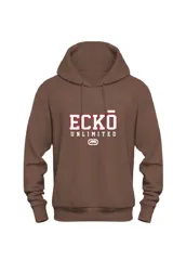 Canguro Ecko Unlimited modelo Manuel, color marrón, con capucha ajustable por cordón y bolsillo tipo canguro. Presenta estampado frontal con el nombre de la marca en rojo y blanco.