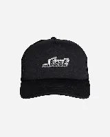 Gorro trucker negro con visera curva y paneles traseros de red. Presenta un diseño bordado en el frente con la inscripción de la marca en tono plateado.