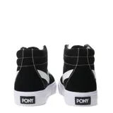 Championes de caña alta Pony modelo Garden, confeccionados en lona negra con detalles en blanco, incluyendo el logo lateral característico y suela de goma vulcanizada.