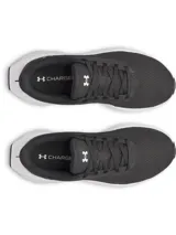 Championes de running Under Armour modelo W Ascend, diseñados específicamente para mujer. Presentan una parte superior de malla transpirable en color negro con refuerzos en el mediopié y el logo de la marca en el lateral. Cuentan con una entresuela blanca de amortiguación Charged+ Cushioning y suela de goma resistente.