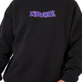 Buzo de cuello redondo Rip Curl, color negro, con estampado frontal del logo de la marca en estilo graffiti con letras en azul y borde rosado.