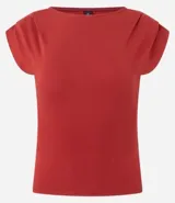 Top ajustado color rojo, con cuello redondo y mangas cortas tipo hombreras o almohadillas. El tejido parece ser de punto o viscosa con buena caída y presenta un fruncido horizontal a la altura de la cintura.
