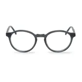 Anteojos de acetato color gris con forma redonda.