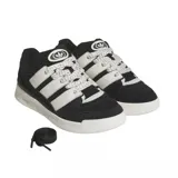 Championes Adidas Forum 2000 de estilo urbano, con diseño en bloques de color negro y blanco. Presentan las icónicas tres bandas laterales en blanco, cordones jaspeados y suela de goma blanca con el logo de la marca grabado.