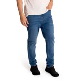Pantalón de jean azul medio con corte slim, diseño clásico de cinco bolsillos, cierre de cremallera y botón metálico.