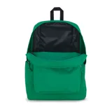 Mochila Jansport modelo Superbreak, color verde brillante, con un compartimento principal amplio y un bolsillo frontal con cierre. Cuenta con asa superior para colgar.