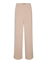 Pantalón wide leg de tiro alto color beige, confeccionado en tejido interlock con pinzas frontales.