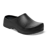 Zueco Birkenstock modelo Super-Birki fabricado en poliuretano (PU) de color negro. Presenta un diseño de puntera cerrada y talón abierto con acabado texturizado y suela de goma antideslizante.