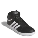 Championes de caña media Adidas Hoops 4.0 Mid, color negro con detalles en blanco, con las tres tiras características de la marca en los laterales.