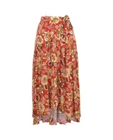 Falda larga de viscosa con estampado floral en tonos naranja, amarillo y marrón. Tiene corte asimétrico y lazo en la cintura.