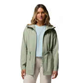 Campera impermeable Columbia Blossom Park Rain, color verde, con cierre frontal y cintura ajustable con cordón.