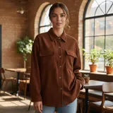Sobre camisa de pana color marrón, con cuello francés, cierre frontal de botones y dos bolsillos frontales con solapa. Presenta un diseño de manga larga con calce suelto.