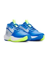 Championes de básquetbol Under Armour Lockdown 7, con diseño en tonos azul, gris y detalles en verde lima. Presentan parte superior de malla transpirable con superposiciones de cuero sintético, entresuela de EVA para una pisada ligera y suela de caucho con patrón de tracción en espiga.